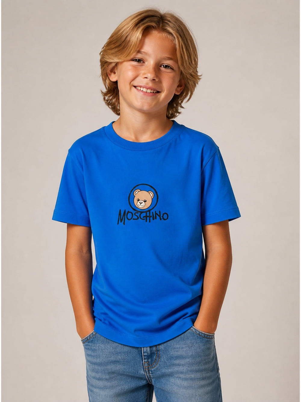 T-shirt per bambini Moschino Kids blu con stampa orsetto HMM05WLAA34 40157 MOSCHINO KIDS