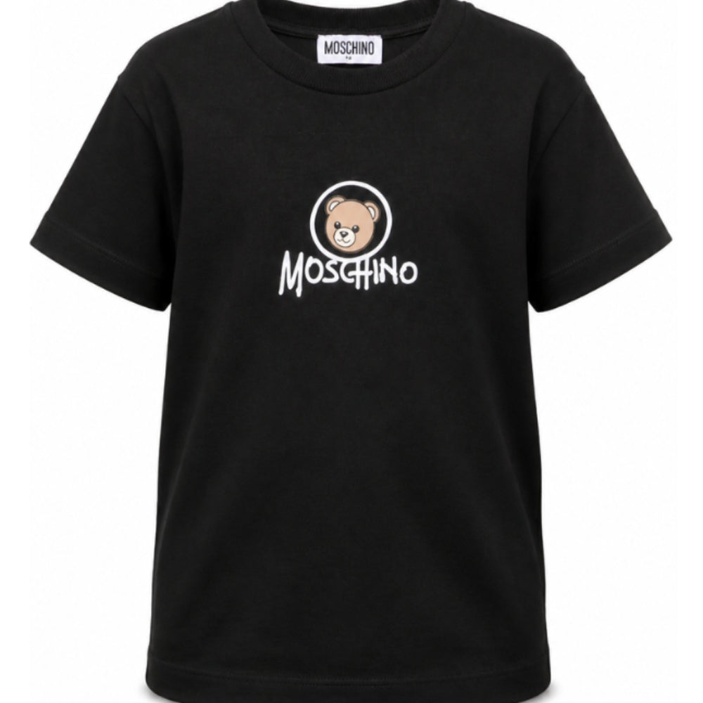 T-shirt per bambini Moschino Kids nera con stampa orsetto sul davanti HMM05WLAA34 60100 MOSCHINO KIDS