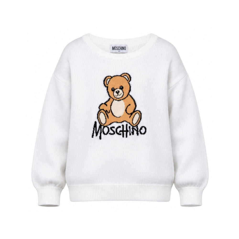 Maglione per bambini Moschino Kids bianca con ricamo orsetto sul davanti HMW01ALHE43 10101 MOSCHINO KIDS