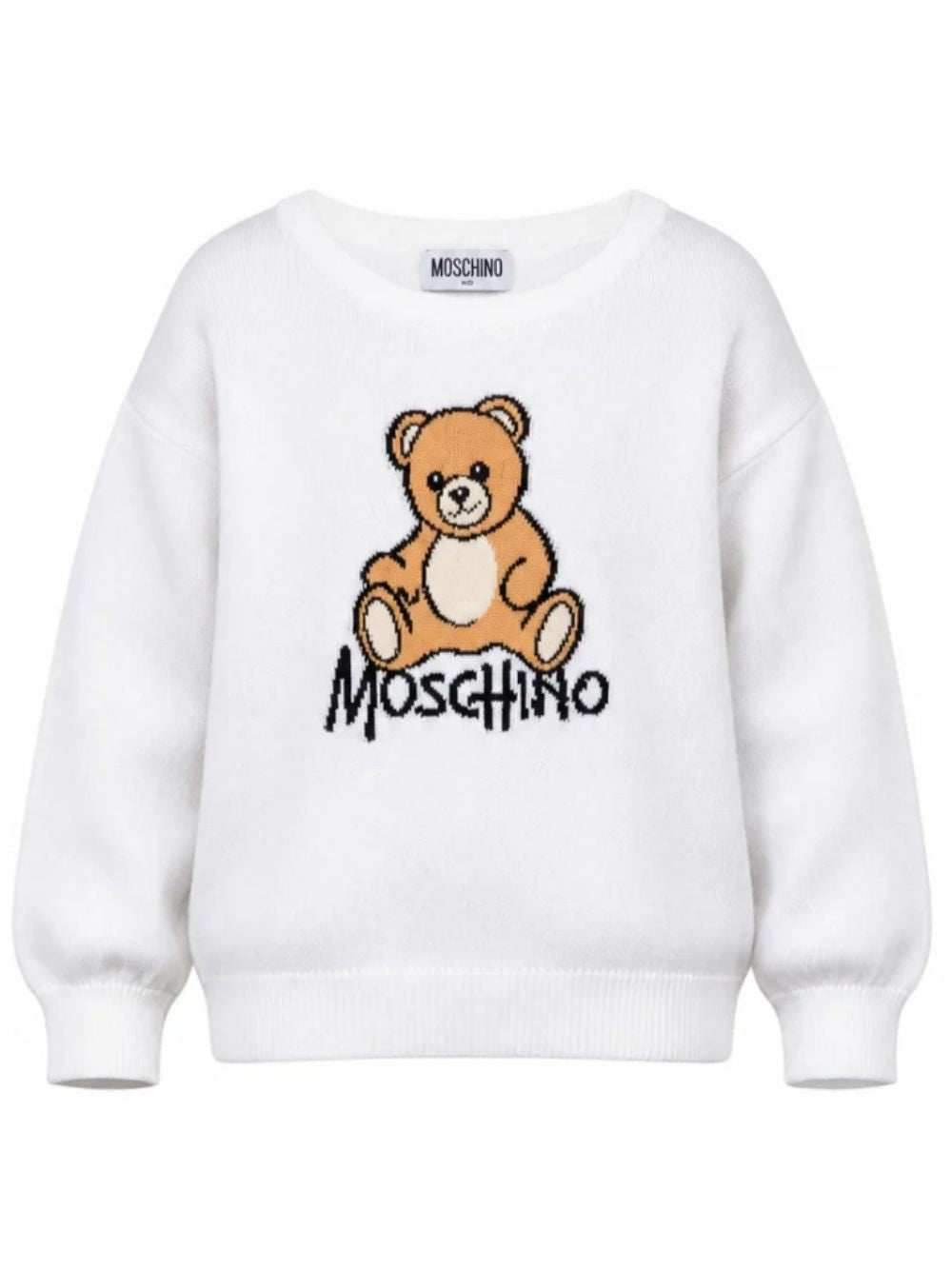 Maglione per bambini Moschino Kids bianca con ricamo orsetto sul davanti HMW01ALHE43 10101 MOSCHINO KIDS