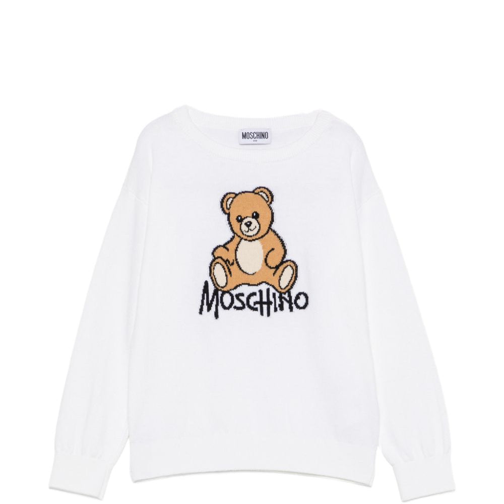 Maglione per bambini Moschino Kids bianca con ricamo orsetto sul davanti HMW01ALHE43 10101 MOSCHINO KIDS
