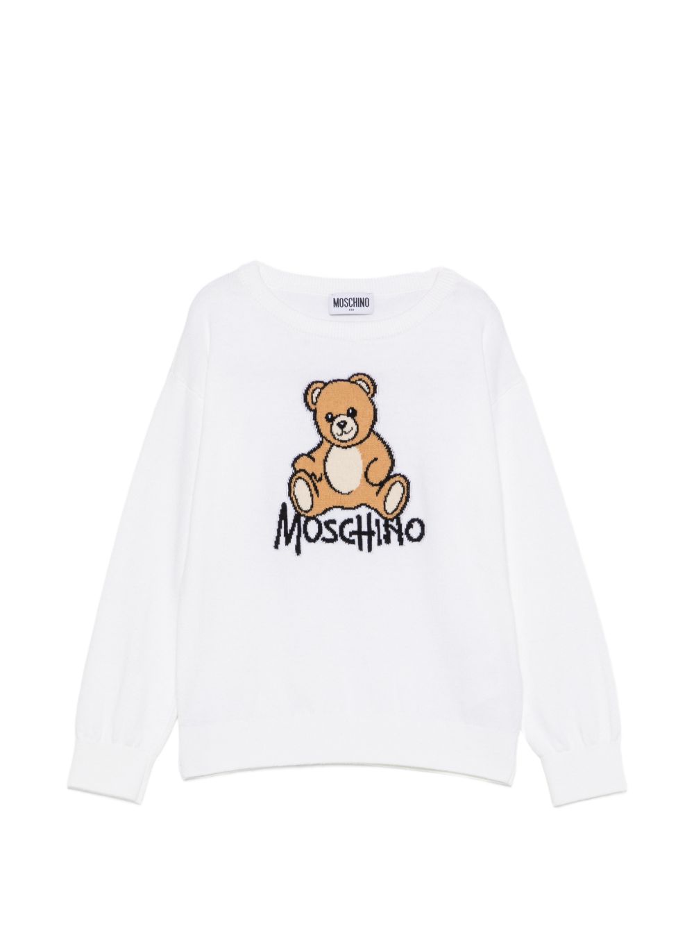 Maglione per bambini Moschino Kids bianca con ricamo orsetto sul davanti HMW01ALHE43 10101 MOSCHINO KIDS