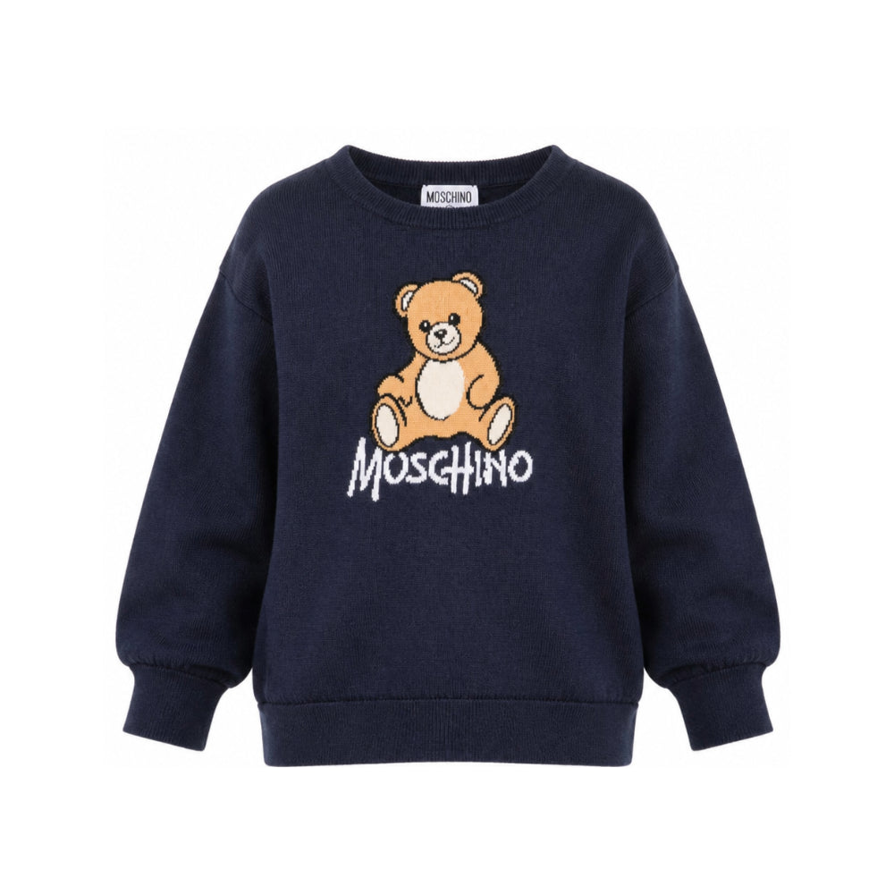 Maglione per bambini Moschino Kids blu navy con ricamo orsetto sul davanti HMW01ALHE43 40016 MOSCHINO KIDS