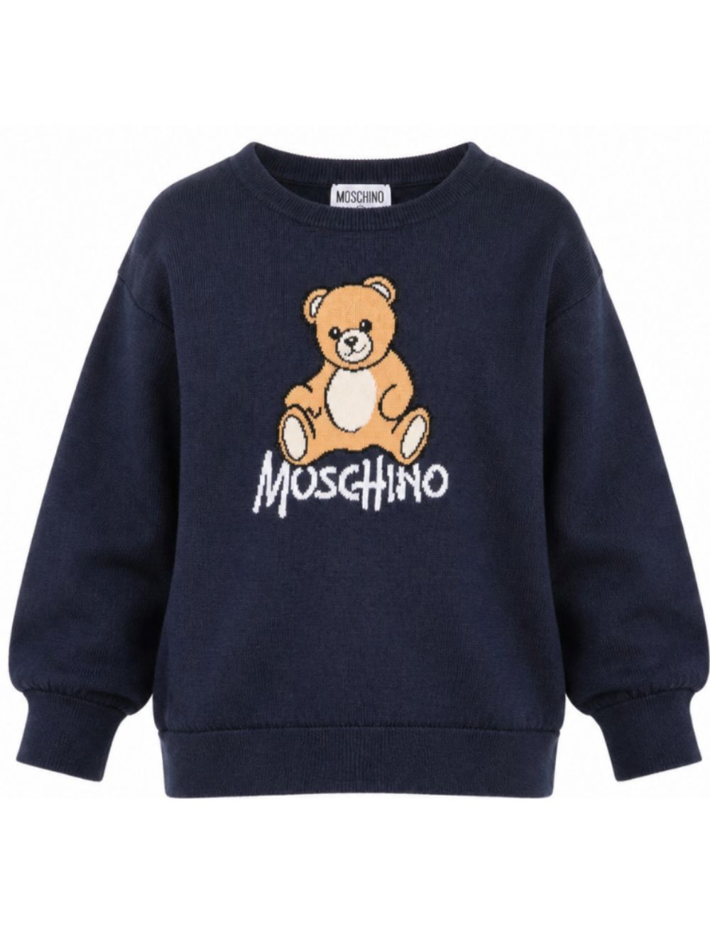 Maglione per bambini Moschino Kids blu navy con ricamo orsetto sul davanti HMW01ALHE43 40016 MOSCHINO KIDS