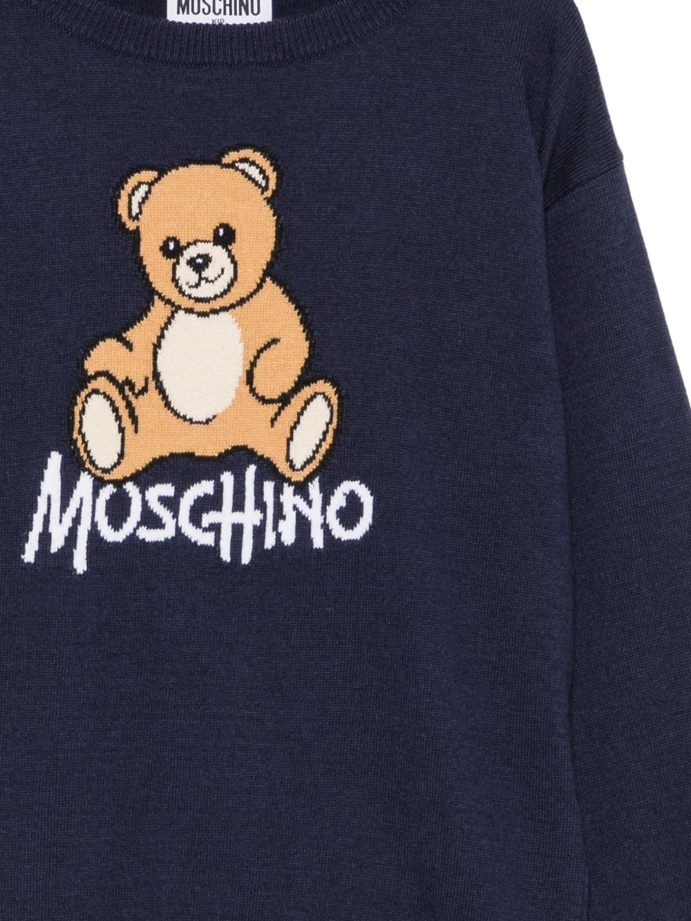 Maglione per bambini Moschino Kids blu navy con ricamo orsetto sul davanti HMW01ALHE43 40016 MOSCHINO KIDS