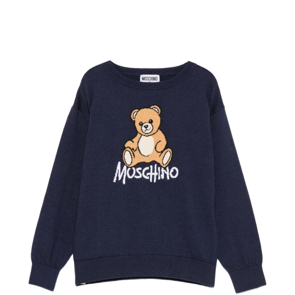 Maglione per bambini Moschino Kids blu navy con ricamo orsetto sul davanti HMW01ALHE43 40016 MOSCHINO KIDS