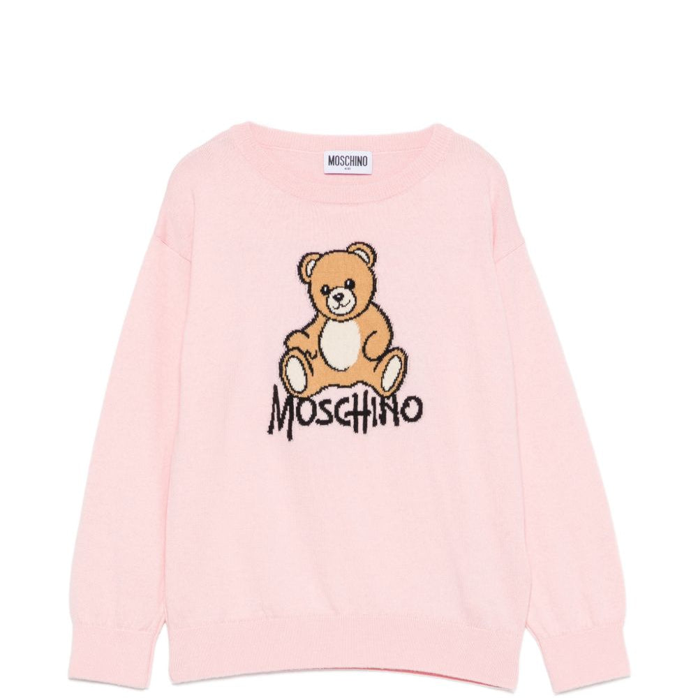 Maglione per bambini Moschino Kids rosa con ricamo orsetto sul davanti HMW01ALHE43 50209 MOSCHINO KIDS