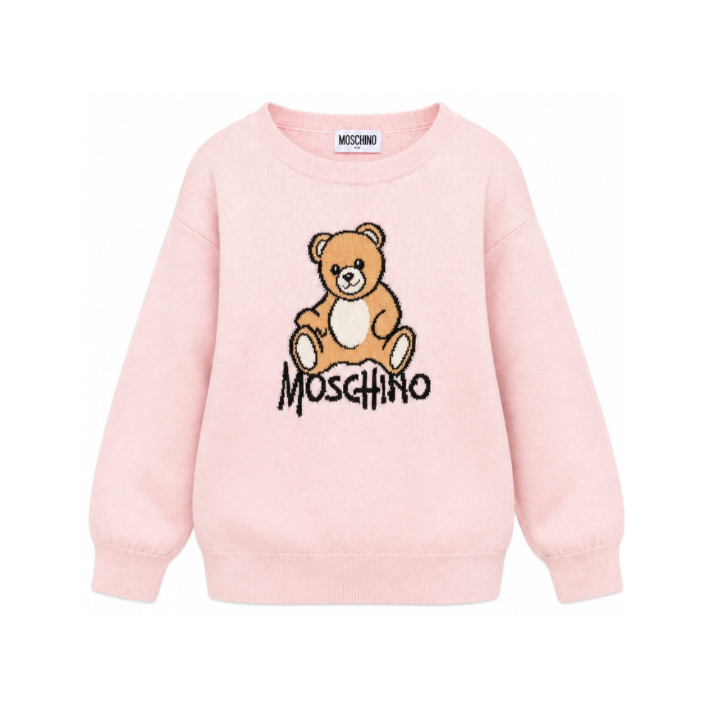 Maglione per bambini Moschino Kids rosa con ricamo orsetto sul davanti HMW01ALHE43 50209 MOSCHINO KIDS