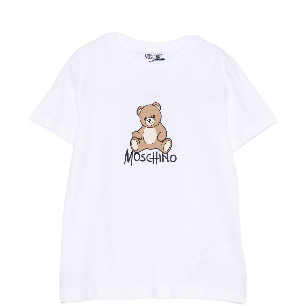 T-shirt per bambini Moschino Kids bianca con stampa logo sul davanti HNM05VLAA10 10101 MOSCHINO KIDS