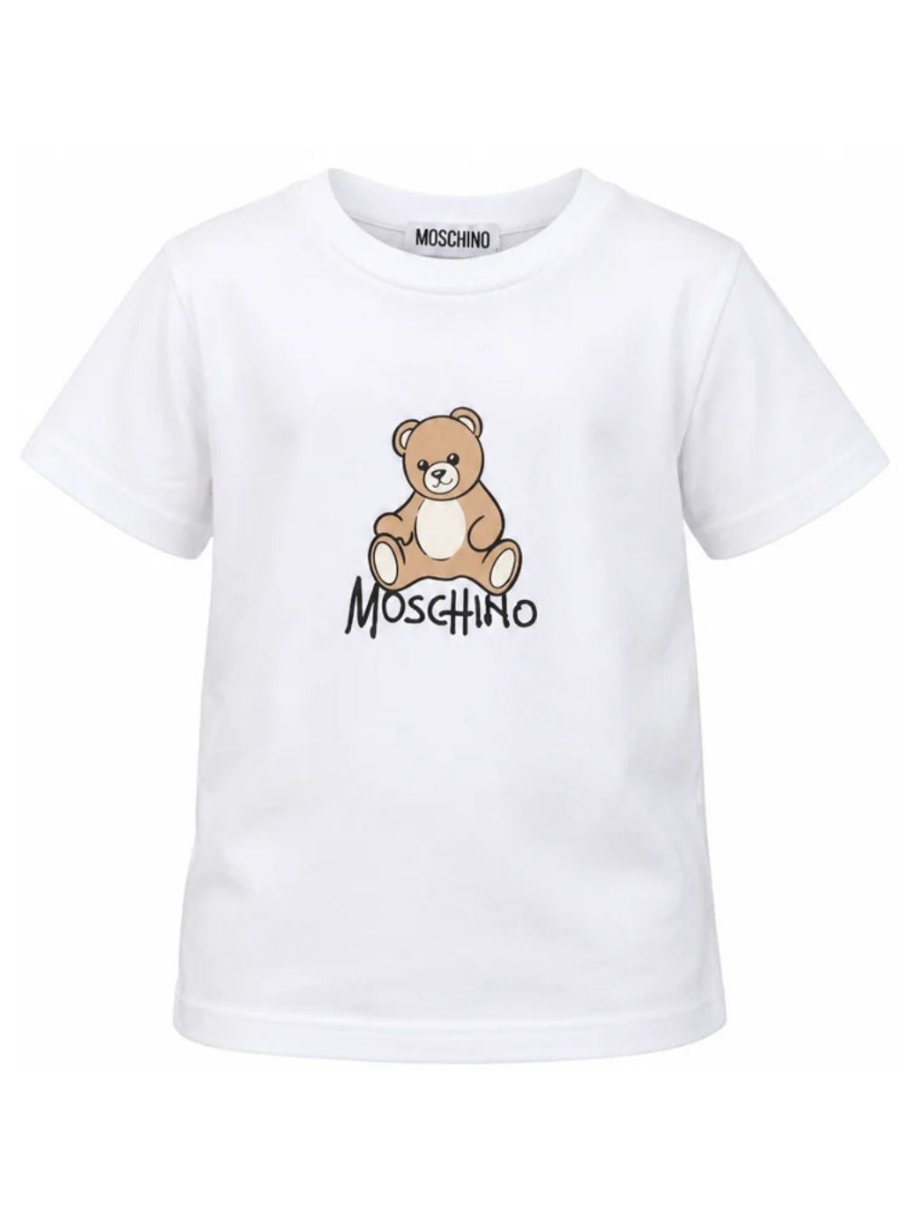 T-shirt per bambini Moschino Kids bianca con stampa logo sul davanti HNM05VLAA10 10101 MOSCHINO KIDS