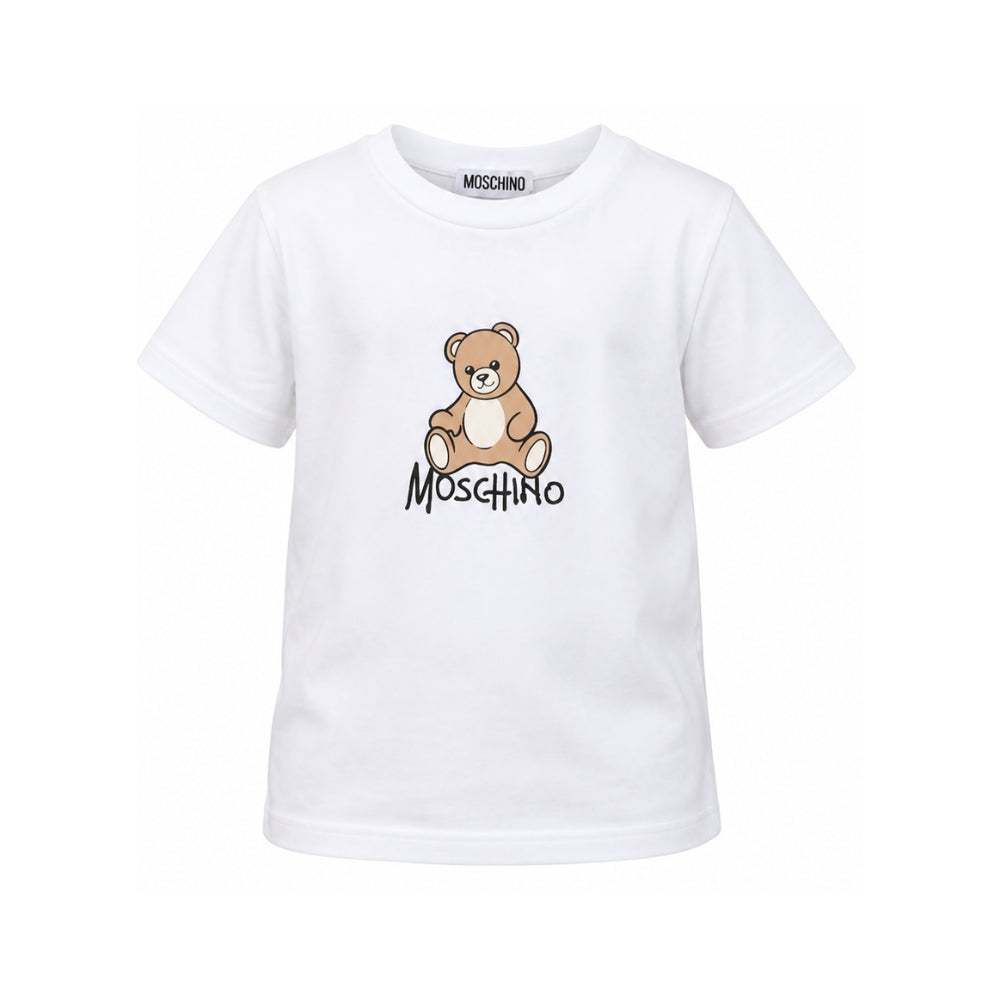 T-shirt per bambini Moschino Kids bianca con stampa logo sul davanti HNM05VLAA10 10101 MOSCHINO KIDS