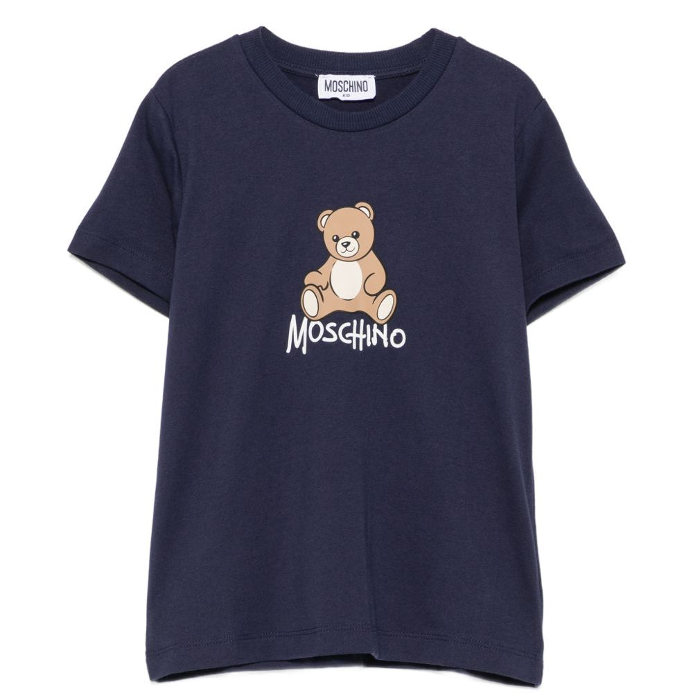 T-shirt per bambini Moschino Kids blu navy con stampa logo sul davanti HNM05VLAA10 40016 MOSCHINO KIDS