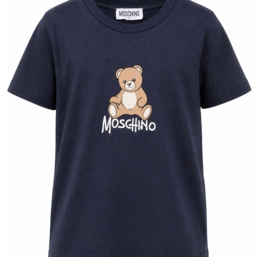 T-shirt per bambini Moschino Kids blu navy con stampa logo sul davanti HNM05VLAA10 40016 MOSCHINO KIDS