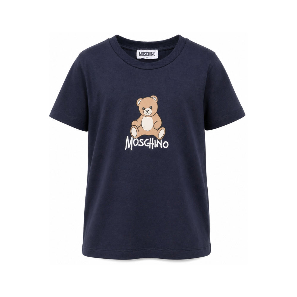 T-shirt per bambini Moschino Kids blu navy con stampa logo sul davanti HNM05VLAA10 40016 MOSCHINO KIDS