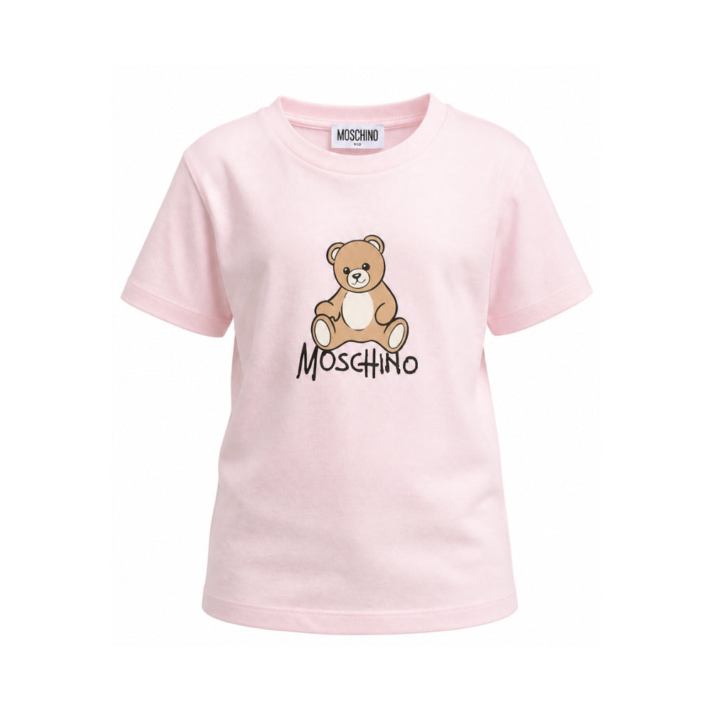 T-shirt per bambini Moschino Kids rosa con stampa logo sul davanti HNM05VLAA10 50209 MOSCHINO KIDS