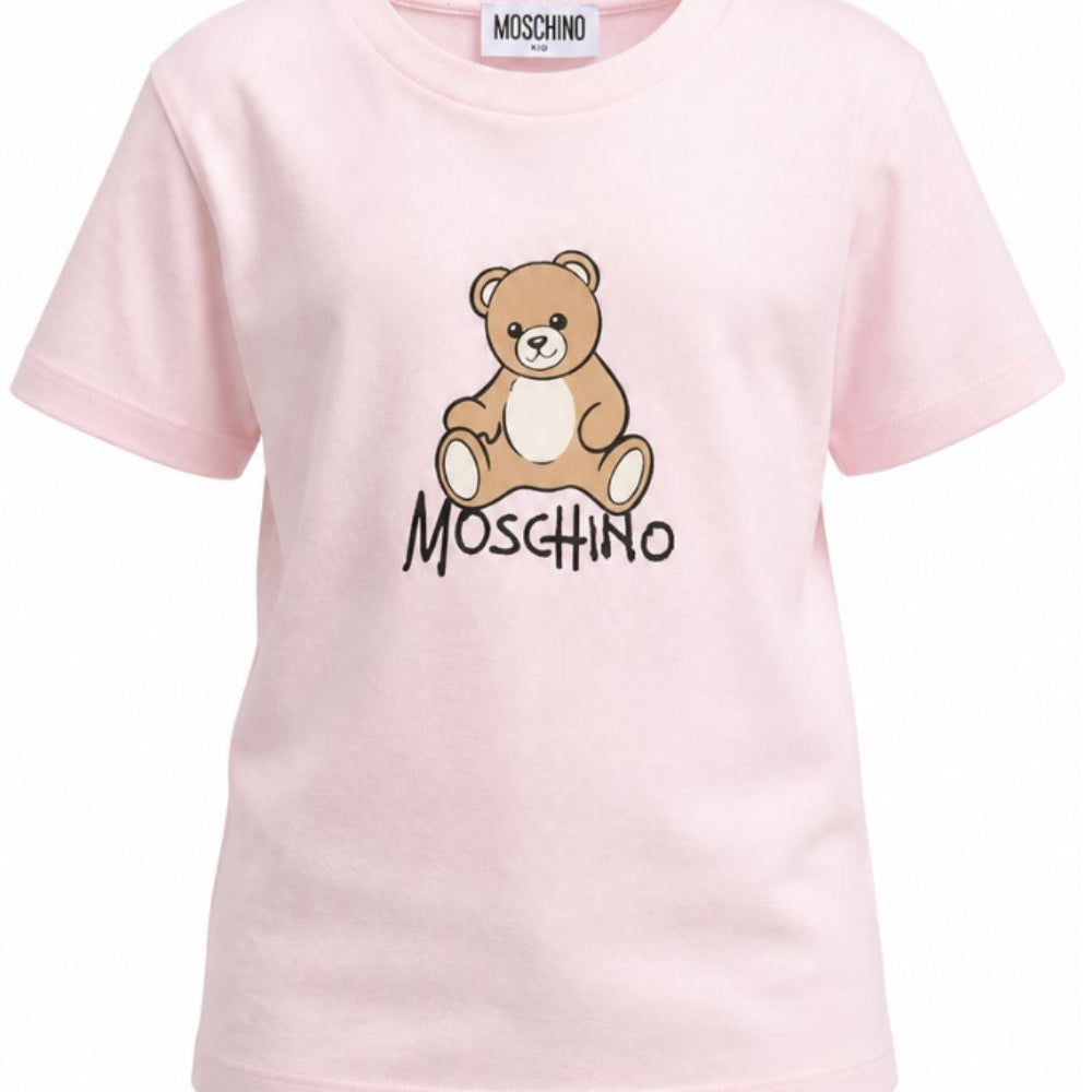 T-shirt per bambini Moschino Kids rosa con stampa logo sul davanti HNM05VLAA10 50209 MOSCHINO KIDS