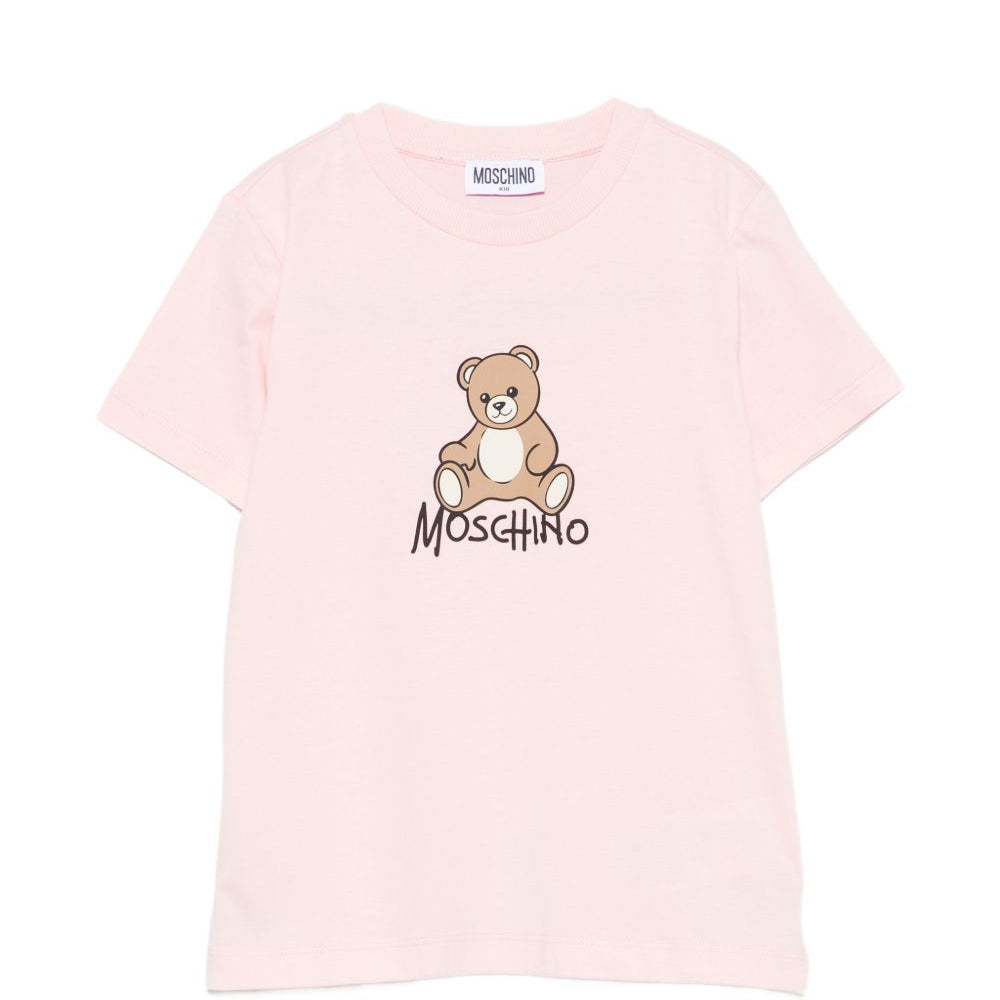 T-shirt per bambini Moschino Kids rosa con stampa logo sul davanti HNM05VLAA10 50209 MOSCHINO KIDS
