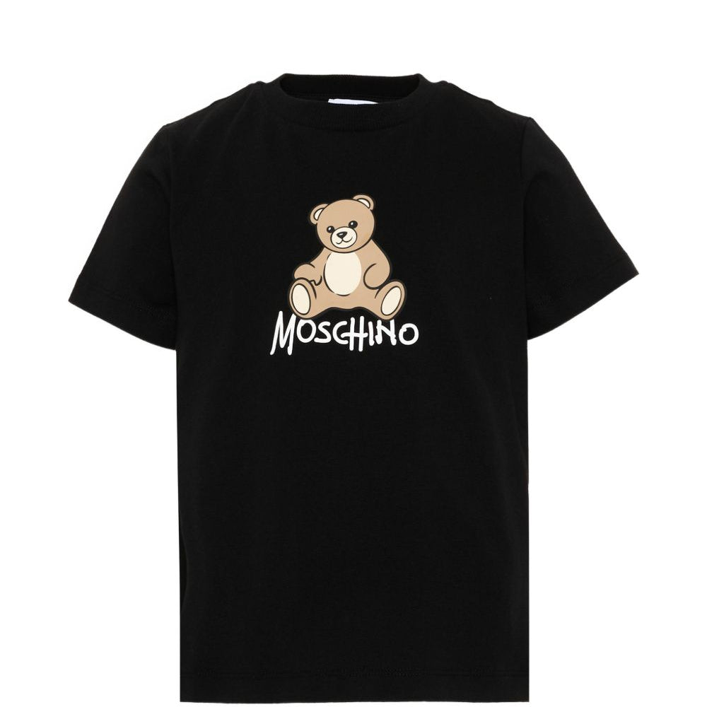 T-shirt per bambino Moschino Kids nera con stampa logo sul davanti HNM05VLAA10 60100 MOSCHINO KIDS