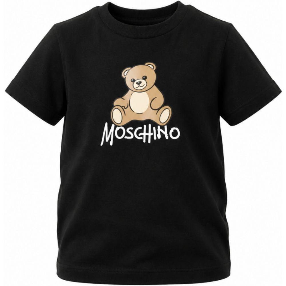 T-shirt per bambino Moschino Kids nera con stampa logo sul davanti HNM05VLAA10 60100 MOSCHINO KIDS