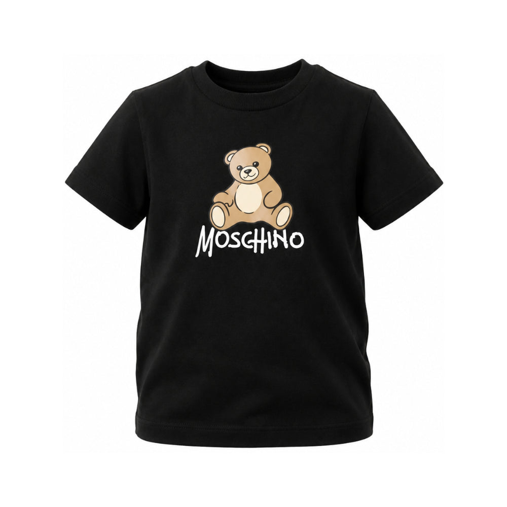T-shirt per bambino Moschino Kids nera con stampa logo sul davanti HNM05VLAA10 60100 MOSCHINO KIDS