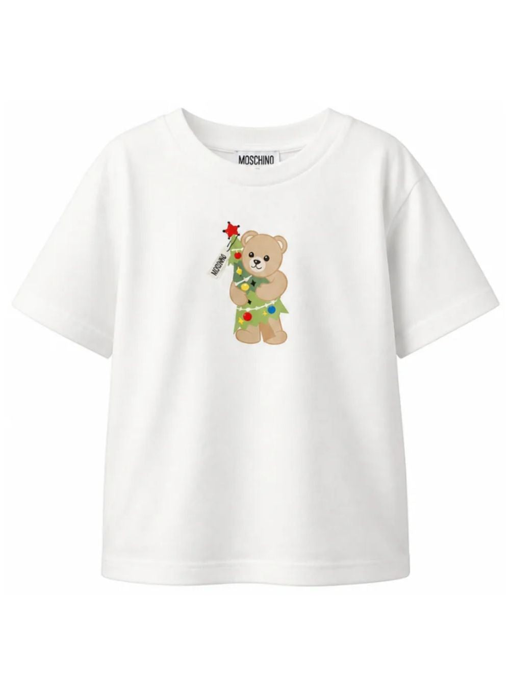 T-shirt per bambini Moschino Kids bianca con stampa Teddy con albero di Natale HQM05WLAA10 10063 MOSCHINO KIDS