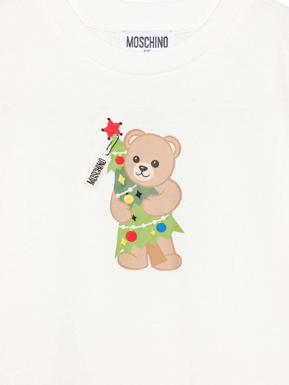 T-shirt per bambini Moschino Kids bianca con stampa Teddy con albero di Natale HQM05WLAA10 10063 MOSCHINO KIDS