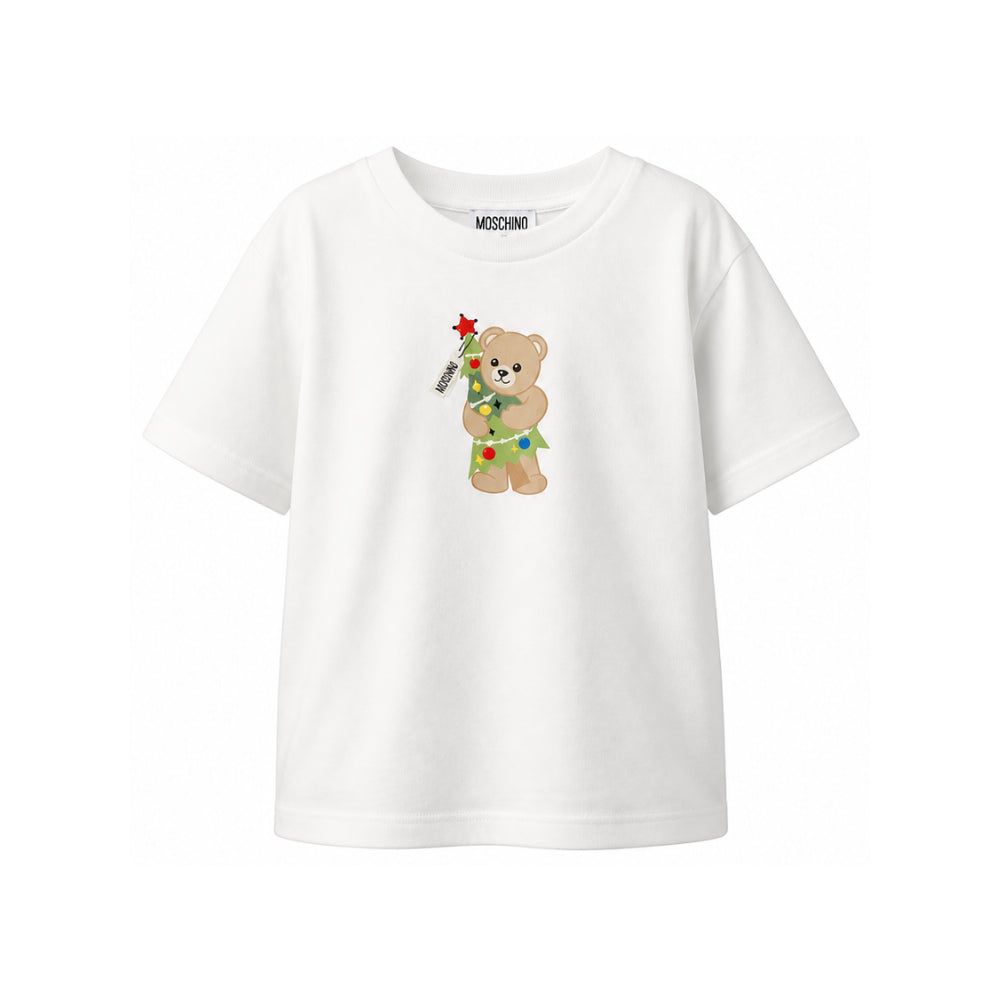 T-shirt per bambini Moschino Kids bianca con stampa Teddy con albero di Natale HQM05WLAA10 10063 MOSCHINO KIDS