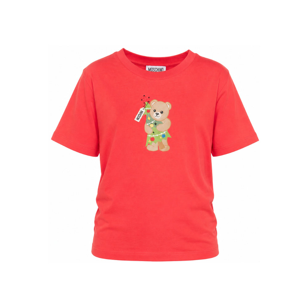 T-shirt per bambini Moschino Kids rossa con stampa Teddy con albero di Natale HQM05WLAA10 50109 MOSCHINO KIDS