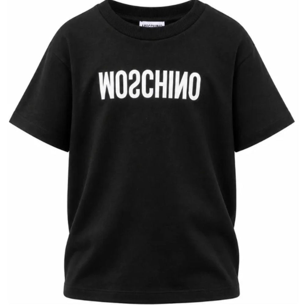 T-shirt per bambini Moschino Kids nera con logo sul davanti HTM05WLAA10 60100 MOSCHINO KIDS