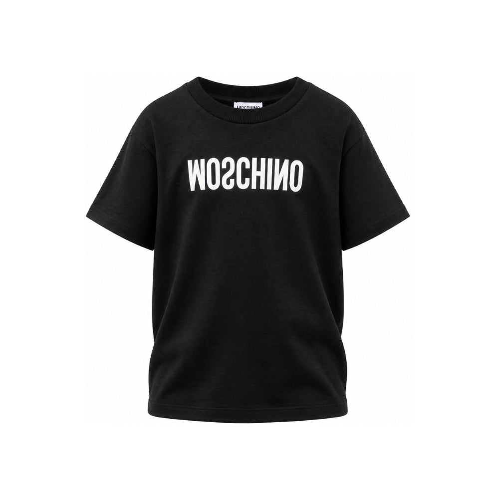 T-shirt per bambini Moschino Kids nera con logo sul davanti HTM05WLAA10 60100 MOSCHINO KIDS