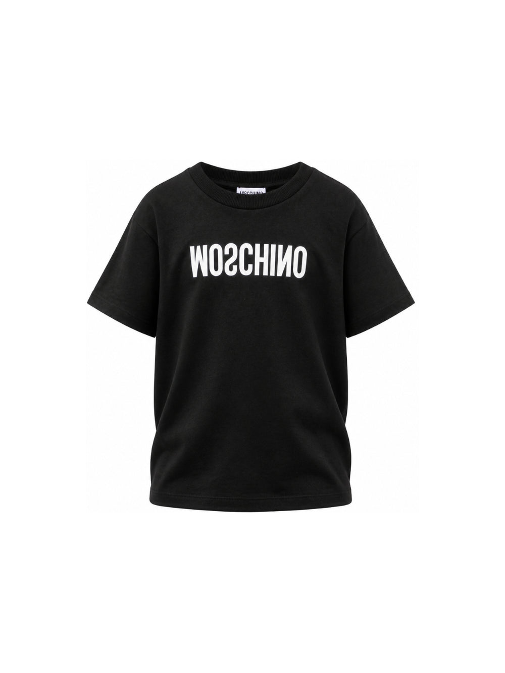 T-shirt per bambini Moschino Kids nera con logo sul davanti HTM05WLAA10 60100 MOSCHINO KIDS