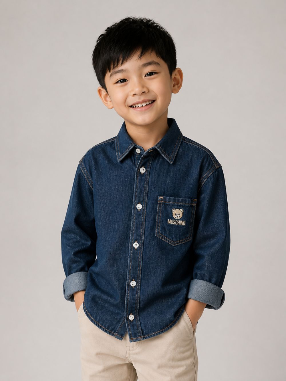 Camicia per bambino Moschino Kids blu con logo ricamato sul davanti HUC021L0E44 41150 MOSCHINO KIDS