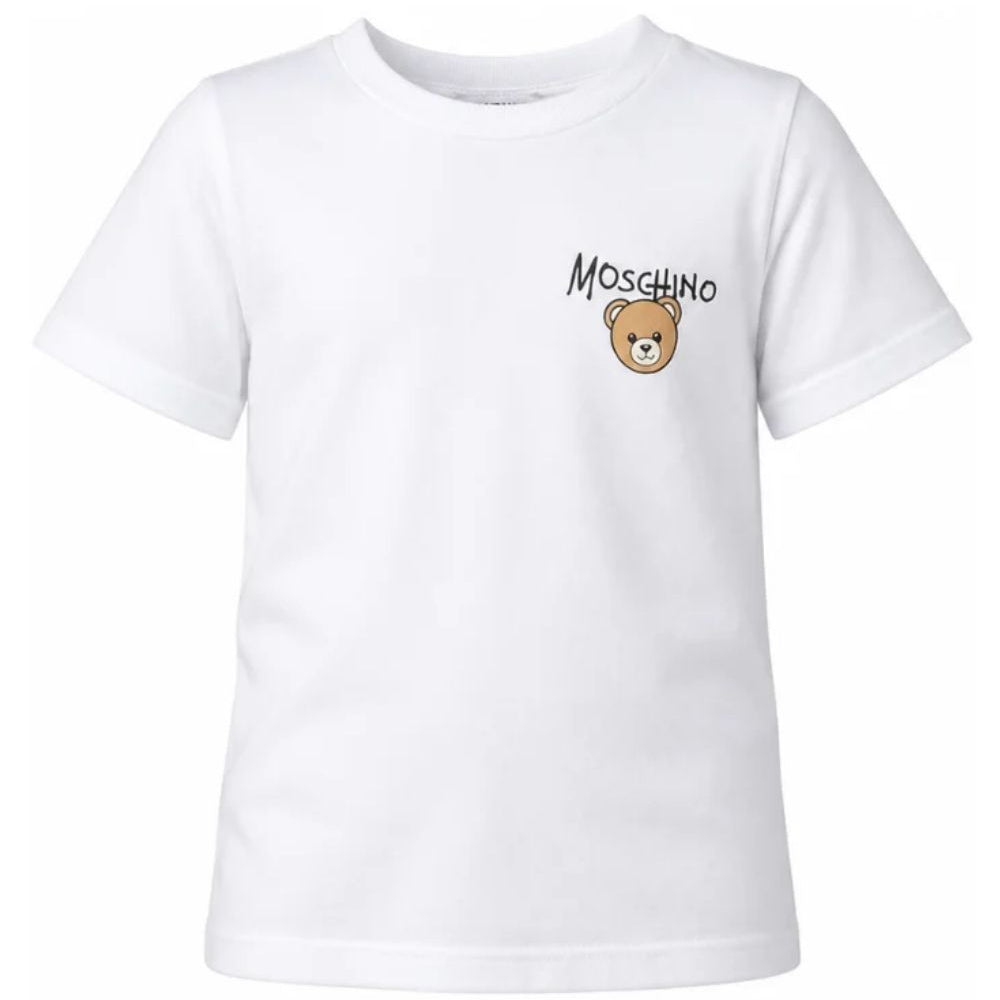 T-shirt per bambini Moschino Kids bianca con stampa logo sul davanti HUM05VLAA34 10101 MOSCHINO KIDS