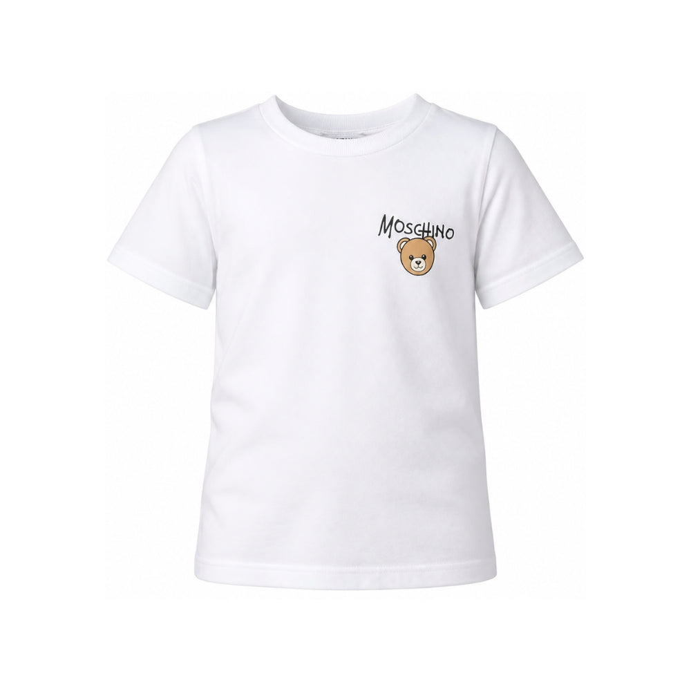 T-shirt per bambini Moschino Kids bianca con stampa logo sul davanti HUM05VLAA34 10101 MOSCHINO KIDS