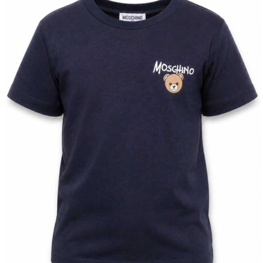 T-shirt per bambino Moschino Kids blu con stampa logo sul davanti HUM05VLAA34 40016 MOSCHINO KIDS