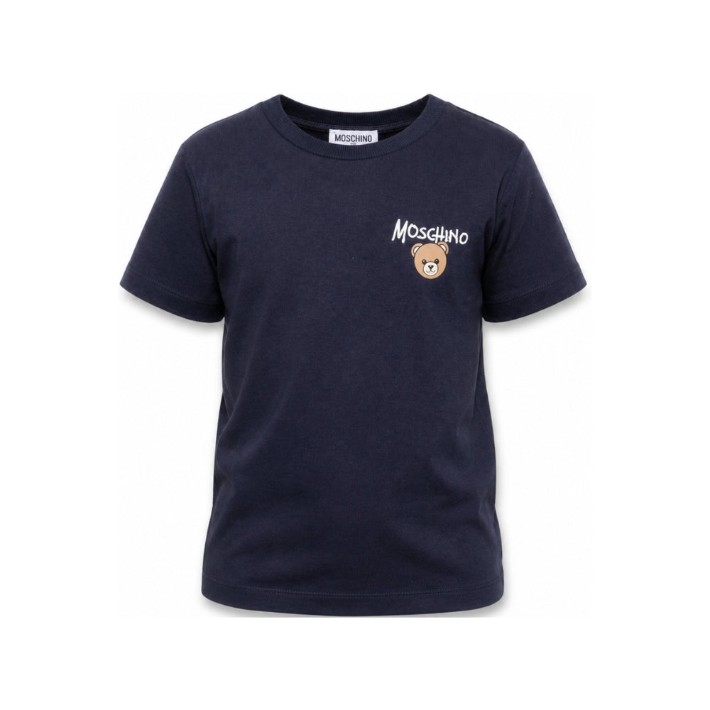 T-shirt per bambino Moschino Kids blu con stampa logo sul davanti HUM05VLAA34 40016 MOSCHINO KIDS