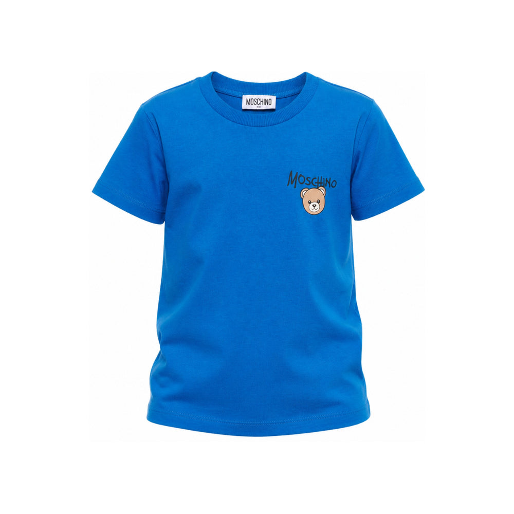 T-shirt per bambino Moschino Kids azzurra con stampa logo sul davanti HUM05VLAA34 40157 MOSCHINO KIDS