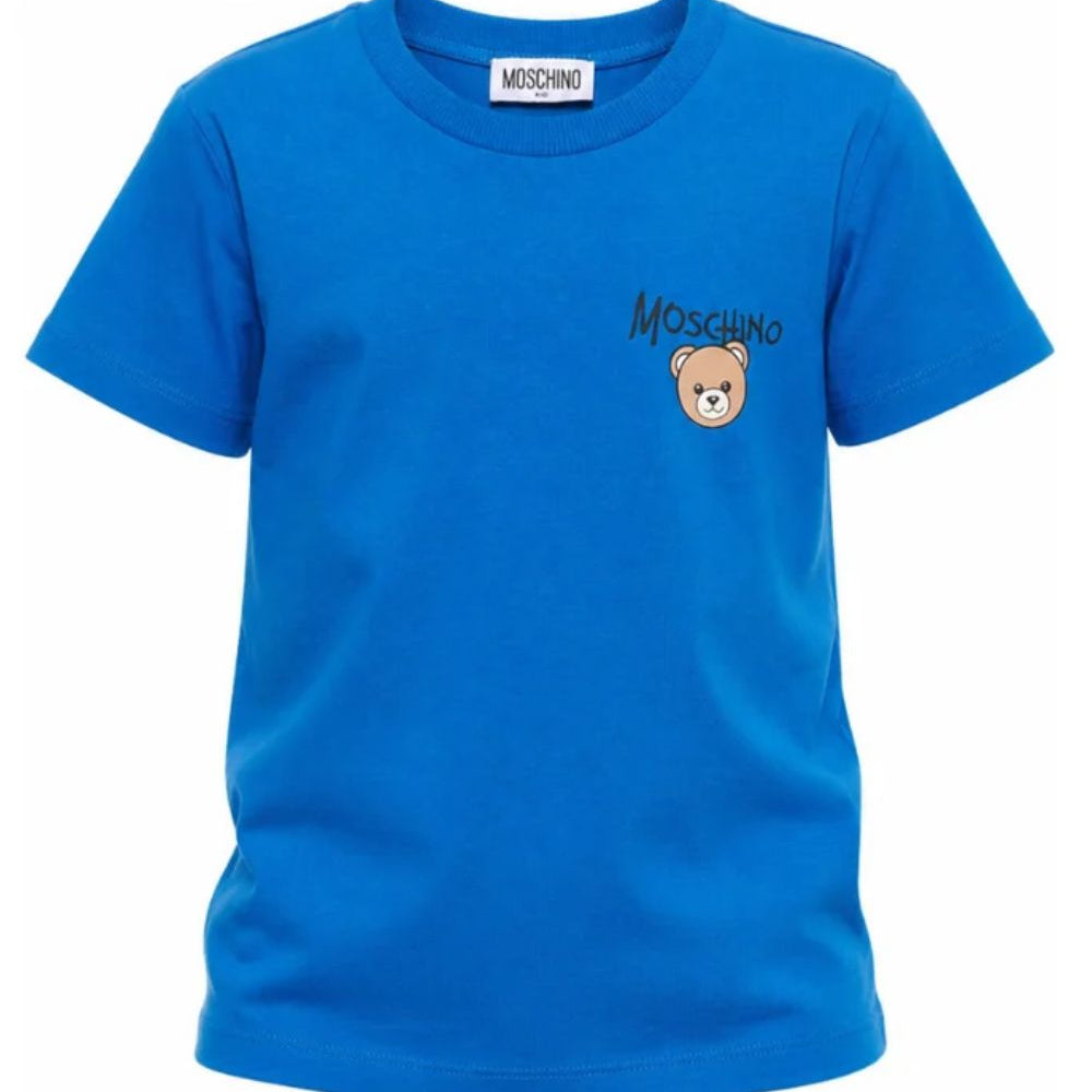 T-shirt per bambino Moschino Kids azzurra con stampa logo sul davanti HUM05VLAA34 40157 MOSCHINO KIDS