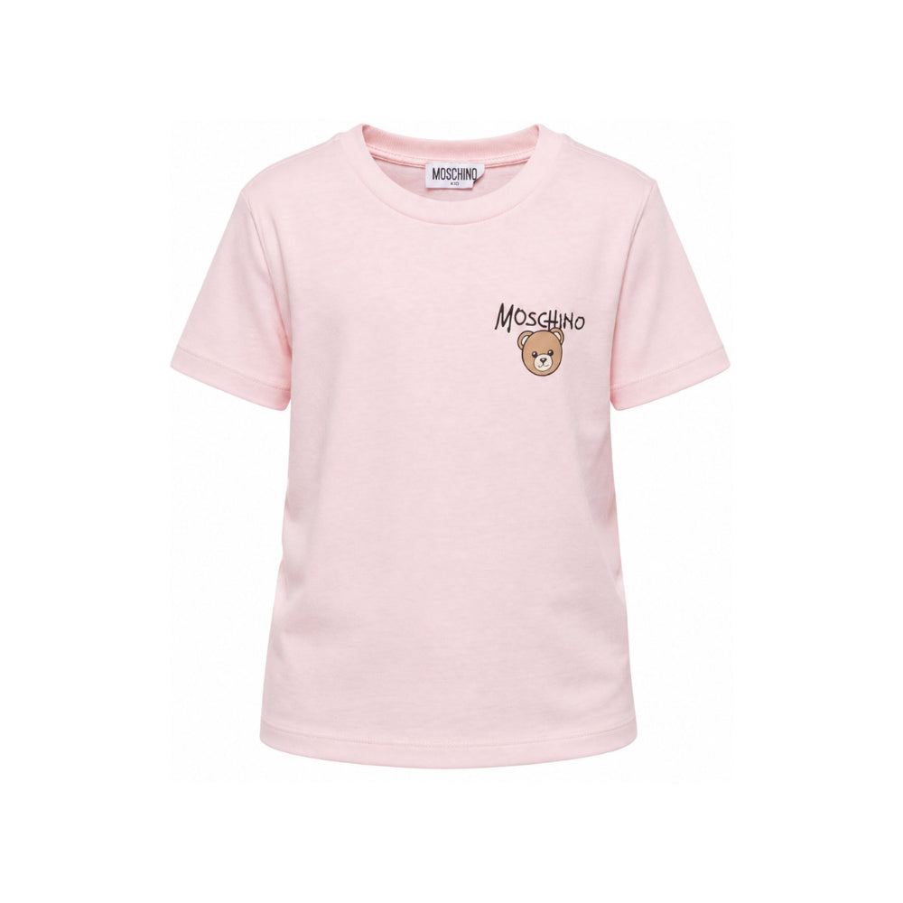 T-shirt per bambino Moschino Kids rosa con stampa logo sul davanti HUM05VLAA34 50209 MOSCHINO KIDS
