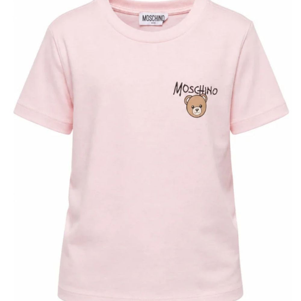 T-shirt per bambino Moschino Kids rosa con stampa logo sul davanti HUM05VLAA34 50209 MOSCHINO KIDS