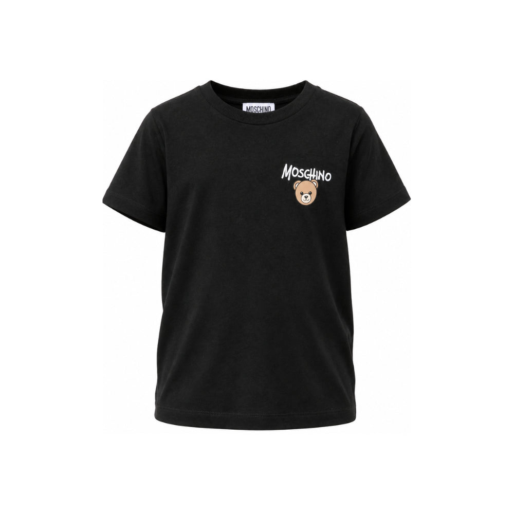T-shirt per bambino Moschino Kids nera con stampa logo sul davanti HUM05VLAA34 60100 MOSCHINO KIDS