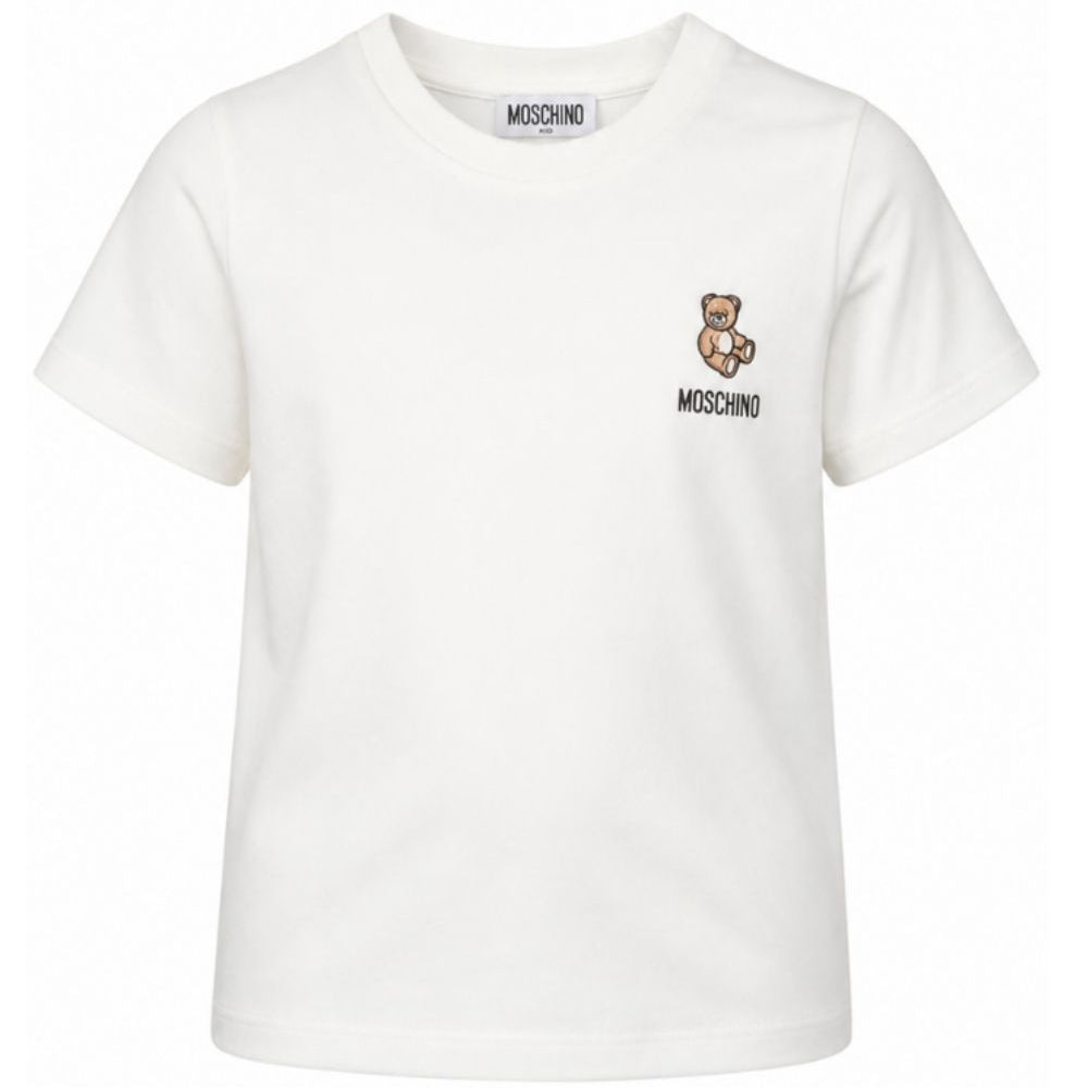 T-shirt per bambini Moschino Kids bianca con Teddy ricamato sul davanti HUM05YLAA59 10063 MOSCHINO KIDS