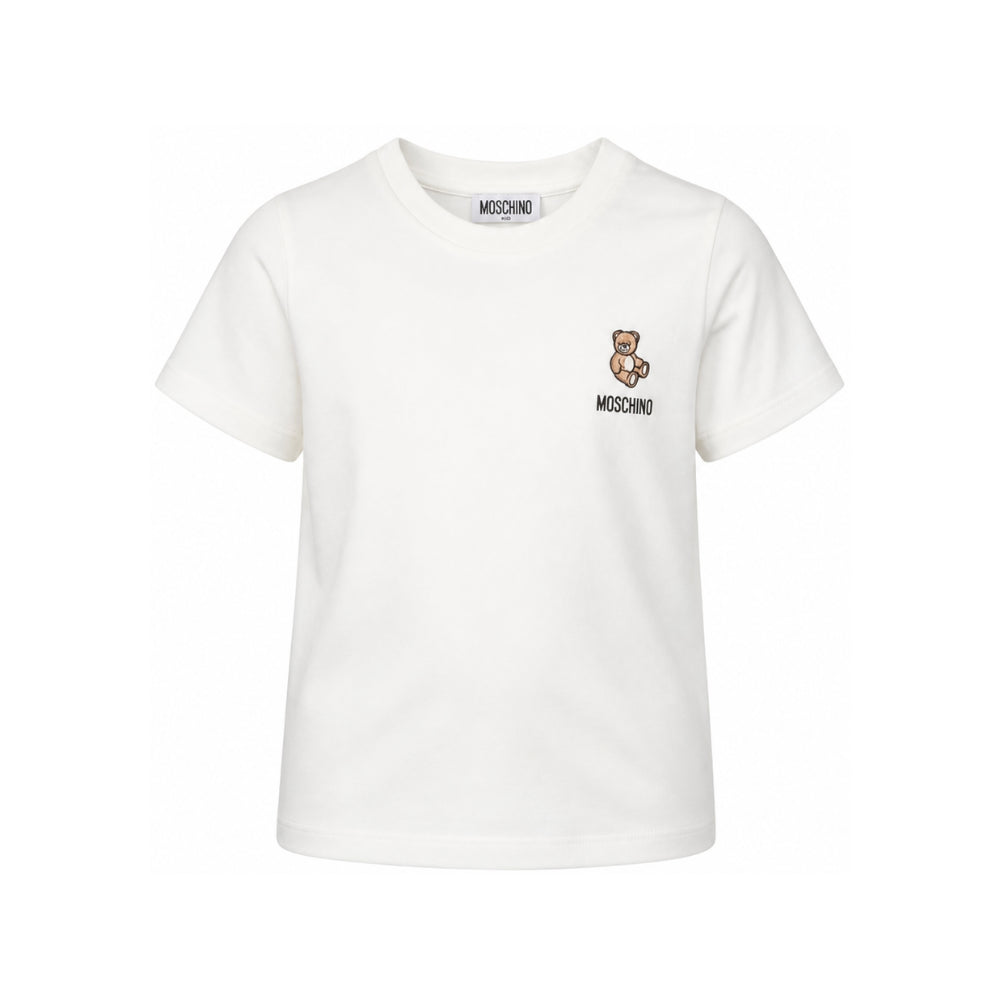 T-shirt per bambini Moschino Kids bianca con Teddy ricamato sul davanti HUM05YLAA59 10063 MOSCHINO KIDS