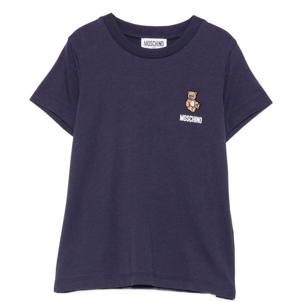 T-shirt per bambini Moschino Kids blu navy con patch orsetto applicata HUM05YLAA59 40016 MOSCHINO KIDS