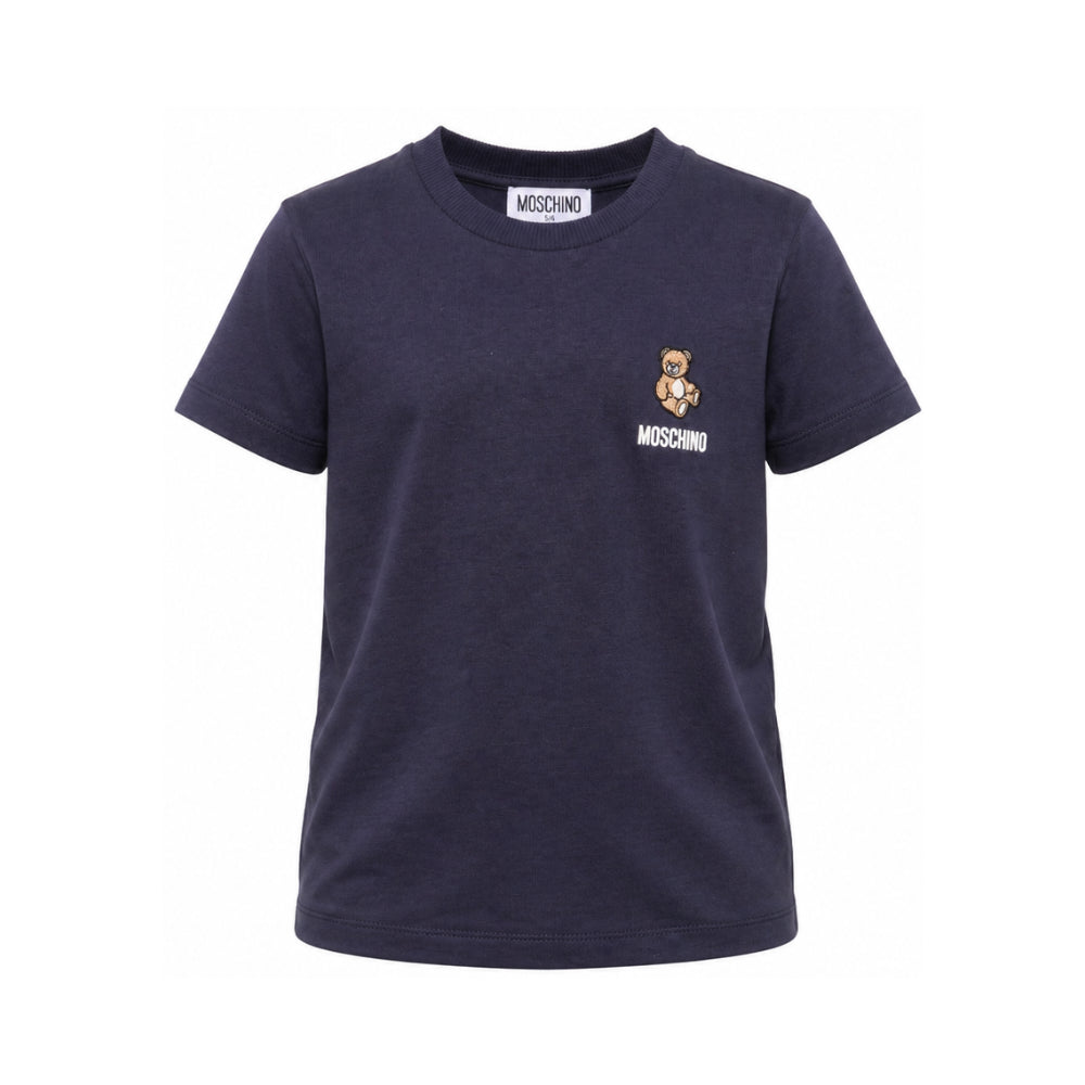 T-shirt per bambini Moschino Kids blu navy con patch orsetto applicata HUM05YLAA59 40016 MOSCHINO KIDS