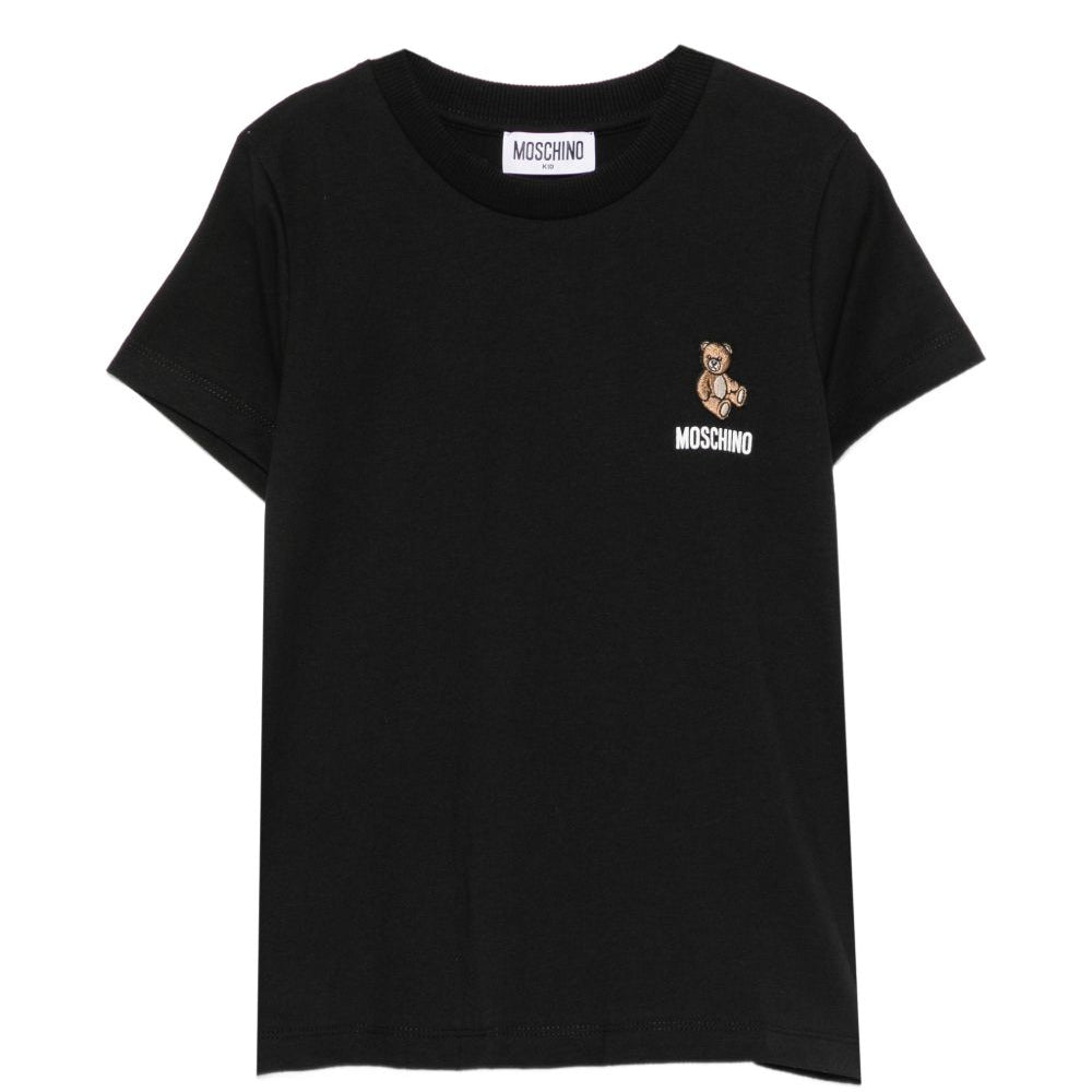 T-shirt per bambini Moschino Kids nera con patch orsetto appplicata HUM05YLAA59 60100 MOSCHINO KIDS