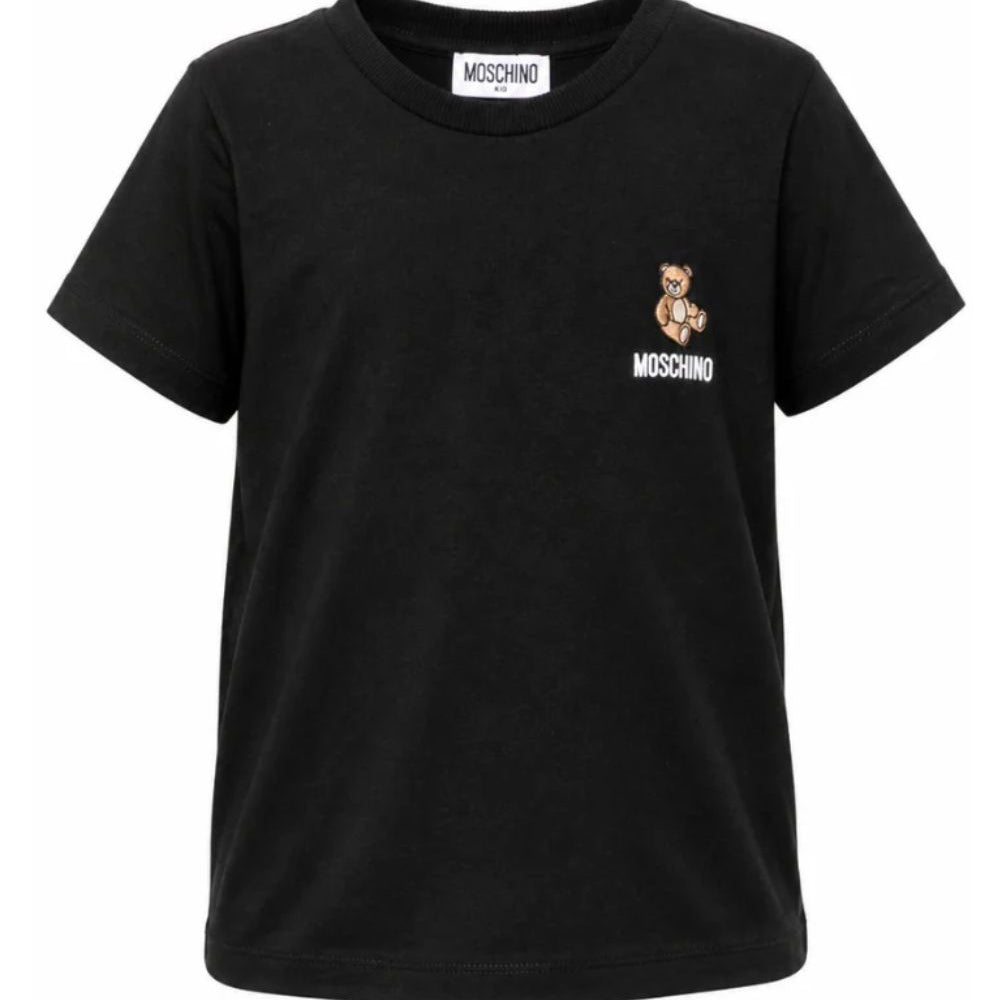 T-shirt per bambini Moschino Kids nera con patch orsetto appplicata HUM05YLAA59 60100 MOSCHINO KIDS