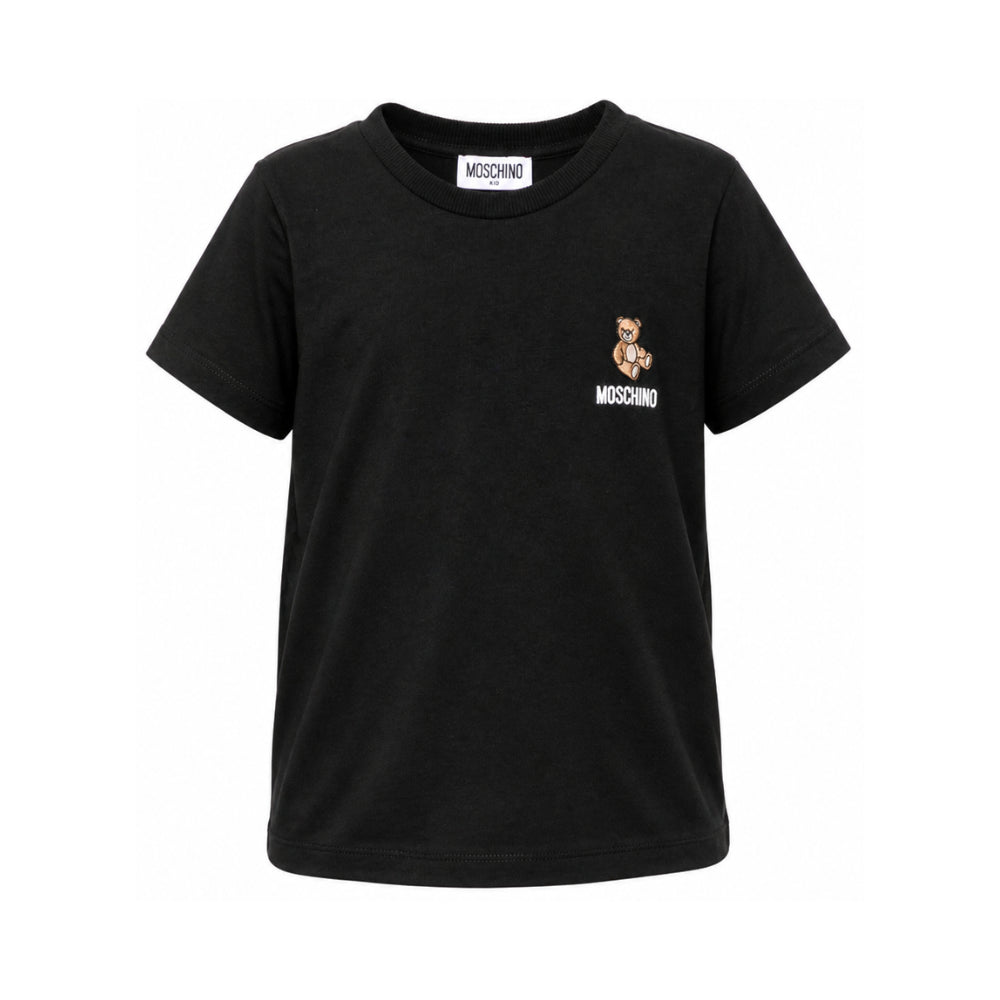 T-shirt per bambini Moschino Kids nera con patch orsetto appplicata HUM05YLAA59 60100 MOSCHINO KIDS