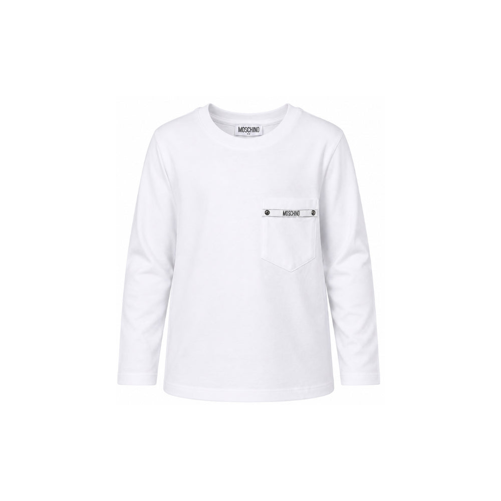 T-shirt per bambino Moschino Kids bianca con nastro logo HUO012LAA57 10101 MOSCHINO KIDS