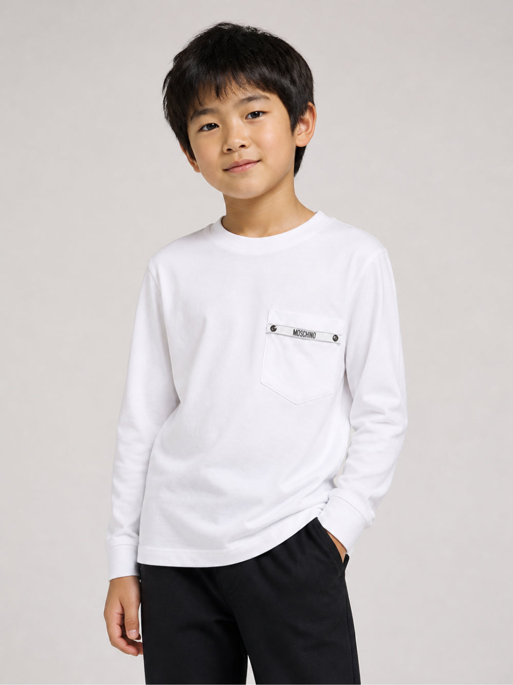 T-shirt per bambino Moschino Kids bianca con nastro logo HUO012LAA57 10101 MOSCHINO KIDS